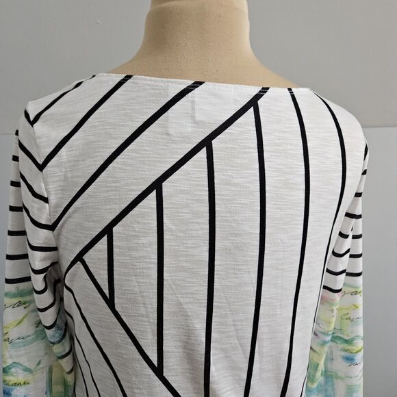 Zenergy by Chico's White Multi Stripe Floral Tunic 3/4 Sleeve Top Size Medium - Picture 9 of 14